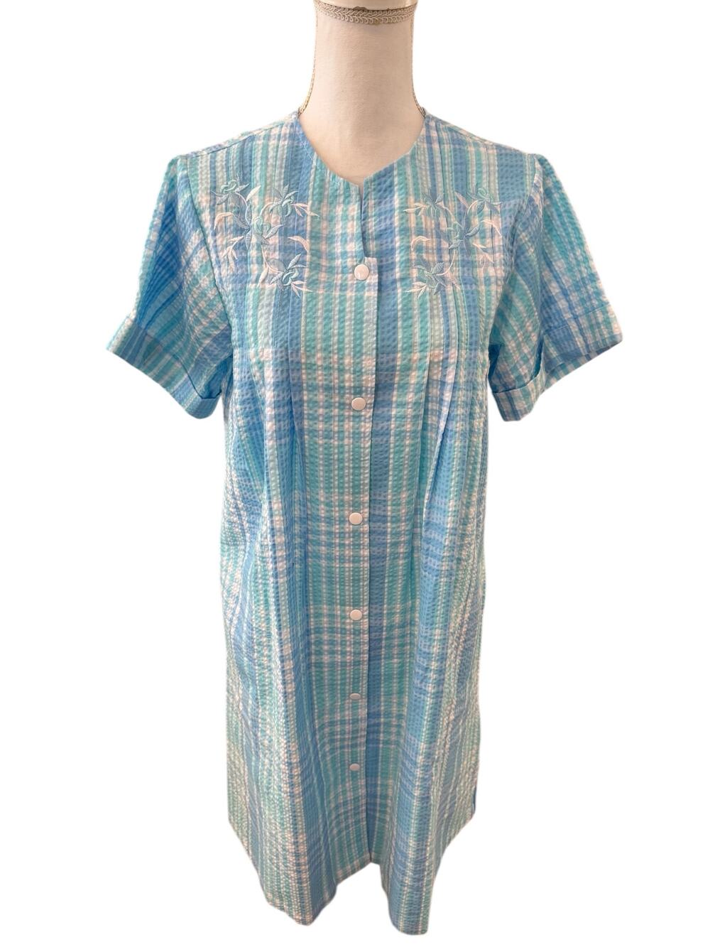 Miss Elaine Seersucker Short Sleeve Nightgown House Dress Blue S